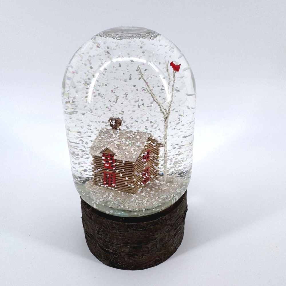 Log Cabin Winter Snow Globe Brown Rustic Red Cardinal Snowflake Wood Look Base